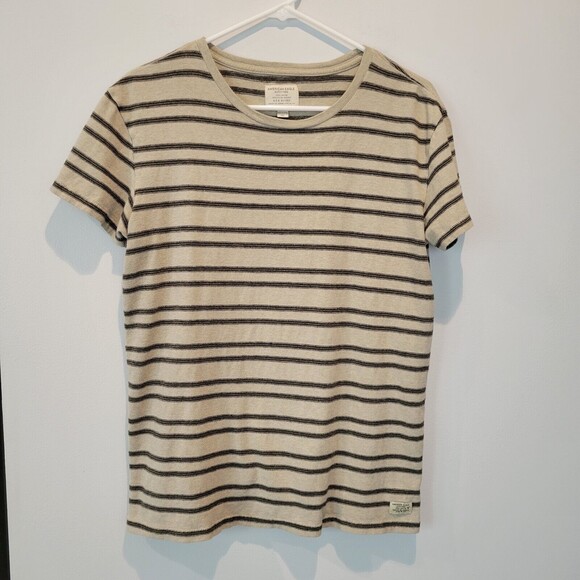 American Eagle Outfitters T Shirt Adult Small Beige Green Striped Short Sleeve - Picture 1 of 9